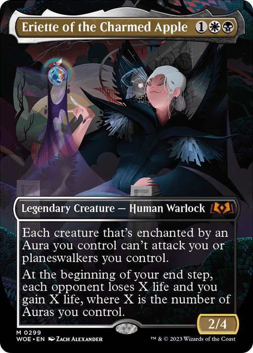 A Magic: The Gathering card titled "Eriette of the Charmed Apple (Borderless Alternate Art) [Wilds of Eldraine]." It costs one generic mana, one white mana, and one black mana to play. Set in the Wilds of Eldraine, Eriette, a Legendary Creature — Human Warlock, is depicted in a dark robe holding a red apple. With 2/4 power/toughness, her abilities prevent enchanted