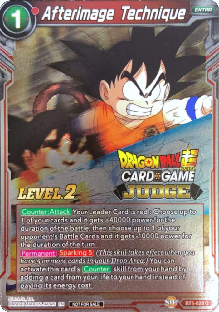 The "Afterimage Technique (Level 2) (BT5-023)" trading card from the Dragon Ball Super series showcases an illustrated character with spiky hair in a martial arts stance. As part of the Judge Promotion Cards, it features unique abilities and its distinctive green border emphasizes its special category.