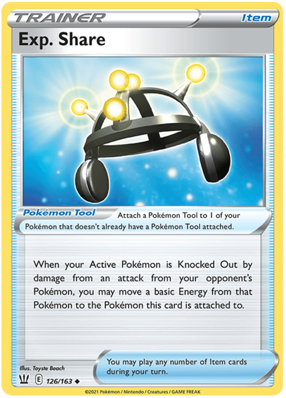 The image is of an Exp. Share (126/163) [Sword & Shield: Battle Styles] Pokémon card, part of the Trainer and Item categories. This Uncommon card depicts a black, circular device with four yellow spheres on top. The background features a metallic silver design with blue accents, emblematic of Battle Styles.