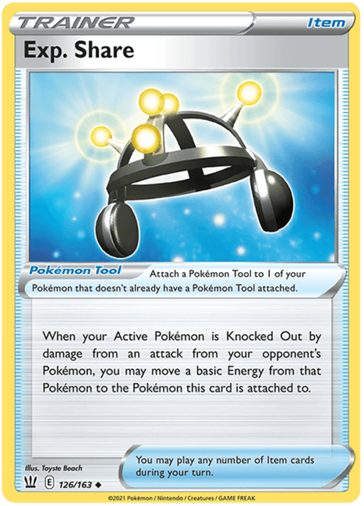 The image is of an Exp. Share (126/163) [Sword & Shield: Battle Styles] Pokémon card, part of the Trainer and Item categories. This Uncommon card depicts a black, circular device with four yellow spheres on top. The background features a metallic silver design with blue accents, emblematic of Battle Styles.