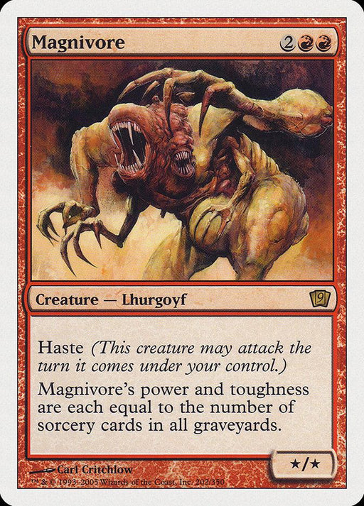 A Magic: The Gathering card titled *Magnivore [Ninth Edition]* depicts a monstrous Lhurgoyf creature with multiple limbs and heads. The card, outlined in red, has a mana cost of two generic and two red mana. It boasts haste, with its power and toughness dynamically influenced by sorcery cards in all graveyards.