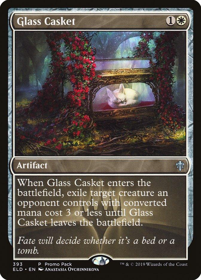 An elaborate card titled "Glass Casket (Promo Pack) [Throne of Eldraine Promos]" from Magic: The Gathering portrays a glowing glass casket nestled within a stunning flower-adorned archway in an enchanted garden. As part of the Throne of Eldraine Promos, this artifact card showcases a tranquil, sleeping creature and bears the inscription: "Fate will decide whether it's a bed or a tomb.