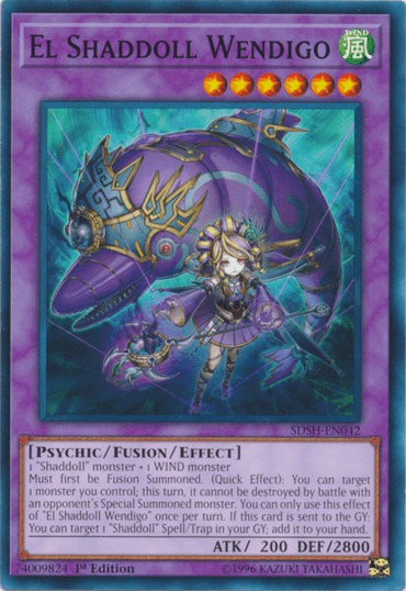 The image shows a "Yu-Gi-Oh!" card named "El Shaddoll Wendigo [SDSH-EN042] Common," featuring a mystical humanoid girl in ornate armor before a glowing-eyed beast, against a cosmic backdrop, highlighting its Shaddoll attributes and effects.