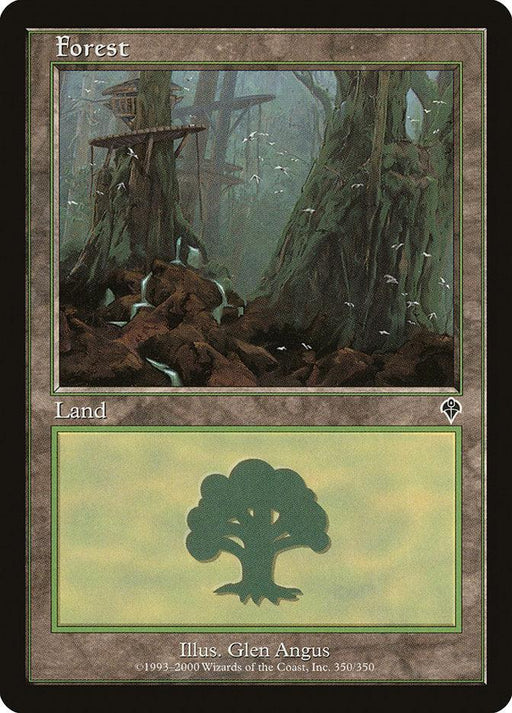 A trading card titled "Forest (350) [Invasion]" with a dark border. The upper half features artwork of a dense, eerie forest with tall, ancient trees and green mist. The lower half displays a symbol of a green tree set against a muted olive background. This Common Basic Land illustration is credited to Glen Angus and is part of the Magic: The Gathering series.