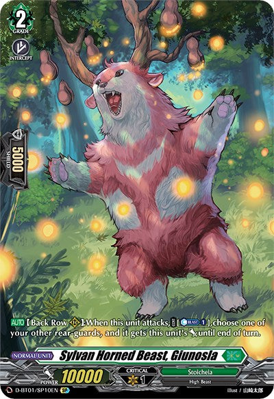 A stunning card image showcasing the Sylvan Horned Beast, Giunosla (D-BT01/SP10EN) [Genesis of the Five Greats] by Bushiroad. This majestic creature, epitomizing the essence of Stoicheia, features vibrant red and pink fur, impressive antlers, and stands on its hind legs roaring in a radiant forest. The card has a formidable power of 10000 and a critical level of 1 with skill.