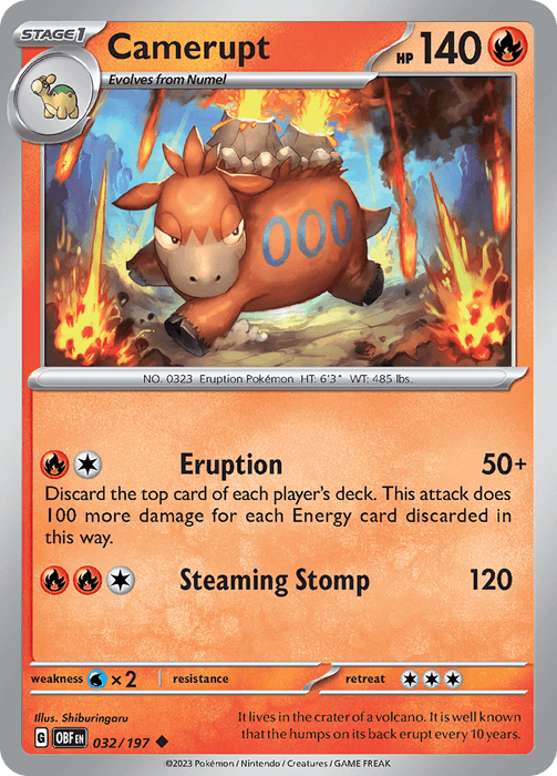 A Pokémon trading card of Camerupt (032/197) [Scarlet & Violet: Obsidian Flames], a camel-like creature with volcanoes on its back emitting lava. The card shows it as a Fire type with 140 HP and includes moves "Eruption" and "Steaming Stomp." The background depicts scarlet and violet flames. The card design includes Camerupt's illustration, stats, and abilities.
