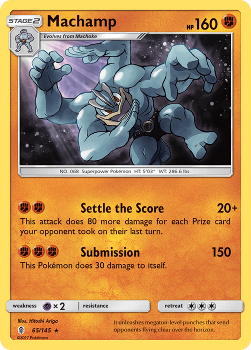 The image is a Pokémon trading card for Machamp (65/145) [Sun & Moon: Guardians Rising] from the Pokémon series. Machamp, a muscular, blue humanoid with four arms, is illustrated with 160 HP and the moves "Settle the Score" and "Submission." This Holo Rare card evolves from Machoke and features an orange background with a yellow border.