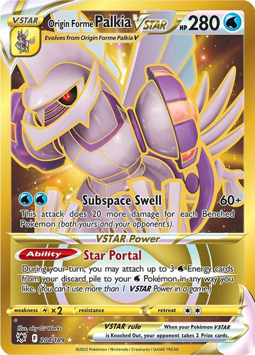 A Pokémon card featuring Origin Forme Palkia VSTAR (208/189) [Sword & Shield: Astral Radiance] from Pokémon. Palkia stands majestically with its signature purple and white, surrounded by a golden aura. The Water Type card highlights its 280 HP, the "Subspace Swell" attack, and "Star Portal" ability. This Secret Rare is numbered 208/189.