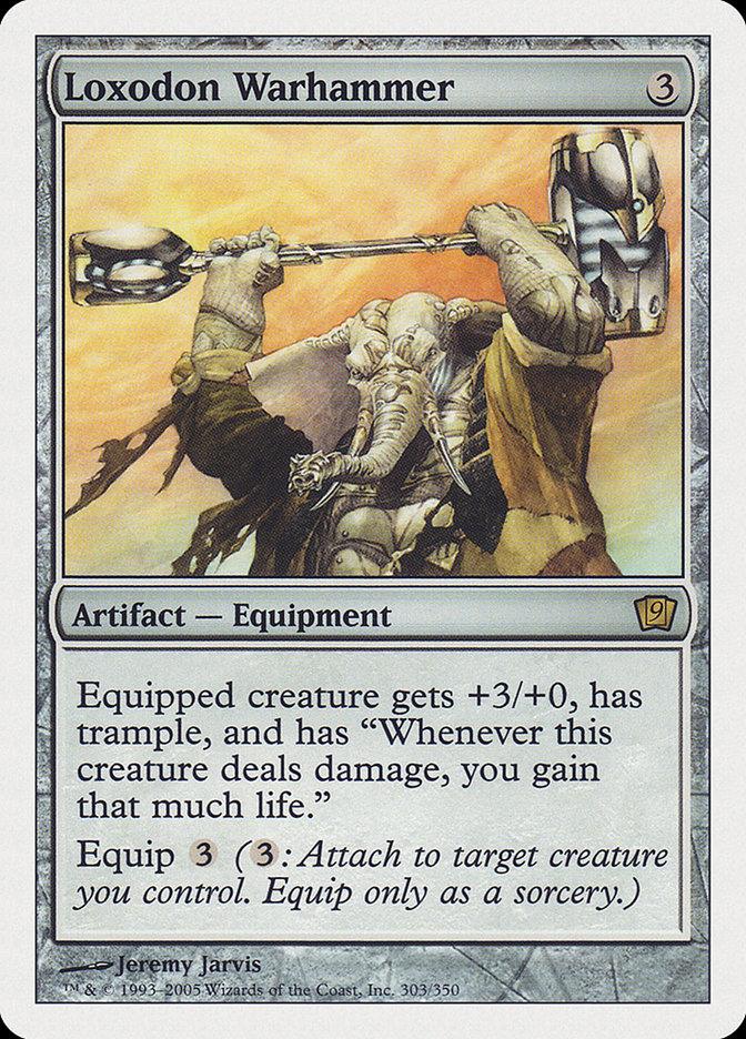 The image features a "Magic: The Gathering" card titled "Loxodon Warhammer [Ninth Edition]," depicting an elephant-like warrior brandishing a mighty hammer. This Artifact Equipment provides lifelink and trample abilities, complete with comprehensive stats, ability descriptions, and mana cost details. The artwork by Jeremy Jarvis adds to its allure.