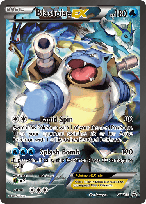 The image is of a Pokémon trading card featuring Blastoise EX (XY122) [XY: Black Star Promos] from the Pokémon series. The card shows Blastoise, a large, blue, bipedal turtle with water cannons on its shoulders. With 180 HP and two attacks: Rapid Spin (30 damage) and Splash Bomb (120 damage), this promo card is numbered XY122.