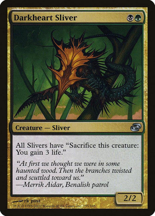 A trading card titled **"Darkheart Sliver [Planar Chaos]" from Magic: The Gathering** showcases an insect-like Creature Sliver with sharp appendages and spikes. The card, bordered in gold, states: "All Slivers have 'Sacrifice this creature: You gain 3 life.'" The uncommon 2/2 creature was encountered in haunted woods.