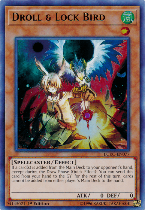 A Yu-Gi-Oh! card titled "Droll & Lock Bird [LCKC-EN077] Ultra Rare," an Ultra Rare Effect Monster from the Legendary Collection Kaiba. It features a bird-like creature with wings, elf-like ears, a brown vest, and white pants, holding a red jewel with a spectral bird behind it. Its effect restricts adding cards to the hand outside the Draw Phase.