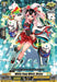 A vibrant card titled "White Fang Witch, Disma" (D-BT01/102EN) [Genesis of the Five Greats] by Bushiroad features an anime-style young woman with pink hair donned in a cat-eared hat and colorful traditional attire. Surrounded by three white wolves featuring red markings, the text reads, "And now, which one shall go first?" This Critical Trigger card is part of the Genesis of the Five Greats set from Keter Sanctuary.