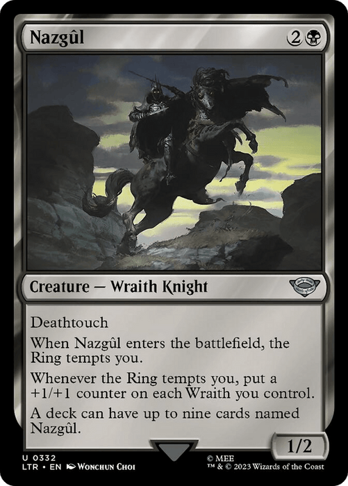 A Nazgul (332) [The Lord of the Rings: Tales of Middle-Earth] card from Magic: The Gathering, inspired by The Lord of the Rings. It depicts a dark, hooded rider on a black horse against a gloomy, mountainous backdrop. Featuring "Deathtouch" and Ring abilities, it has a unique rule allowing up to nine named Wraith Knights in a deck.