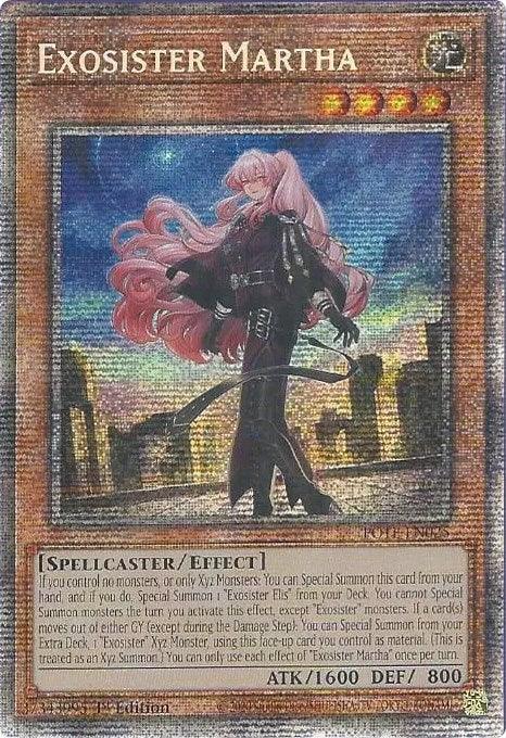 A Yu-Gi-Oh! trading card featuring the Exosister Martha [POTE-EN025] Starlight Rare, a spellcaster/effect monster. The artwork depicts a pink-haired woman wielding a sword, dressed in a flowing outfit, standing against a dark, ominous background. The card has 1600 attack and 800 defense points.