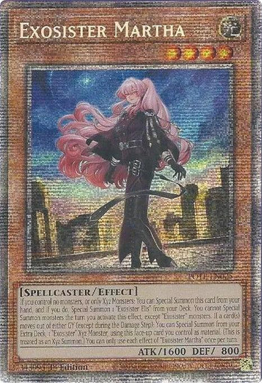 A Yu-Gi-Oh! trading card featuring the Exosister Martha [POTE-EN025] Starlight Rare, a spellcaster/effect monster. The artwork depicts a pink-haired woman wielding a sword, dressed in a flowing outfit, standing against a dark, ominous background. The card has 1600 attack and 800 defense points.