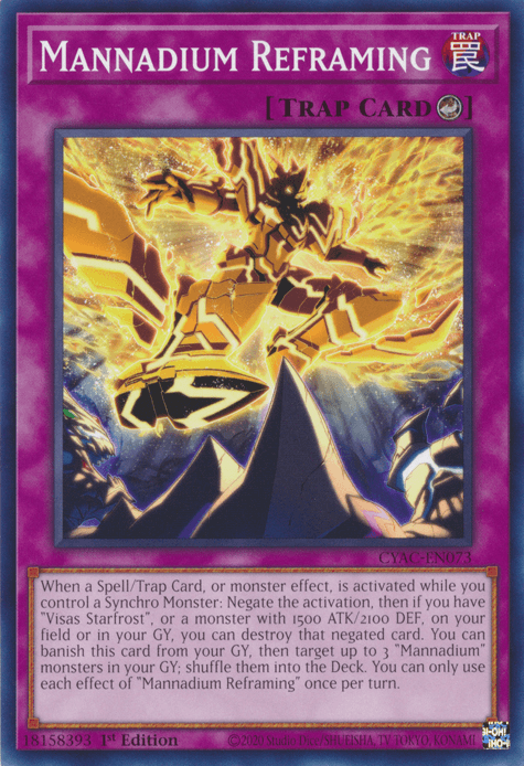 An image of the "Mannadium Reframing [CYAC-EN073] Common" Counter Trap Card from the Yu-Gi-Oh! trading card game. This card features an abstract, energy-filled scene with powerful, glowing figures. The bottom portion contains the card's description and effects in yellow text against a pink background.