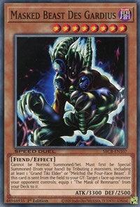An image of the Yu-Gi-Oh! card "Masked Beast Des Gardius [SBCB-EN107] Common." The card features a demonic creature with a dark, muscular body, glowing red eyes, and intricate armor. As part of the Speed Duel: Battle City Box, it boasts attributes such as ATK 3300 and DEF 2500 and is classified as a Fiend/Effect Monster.