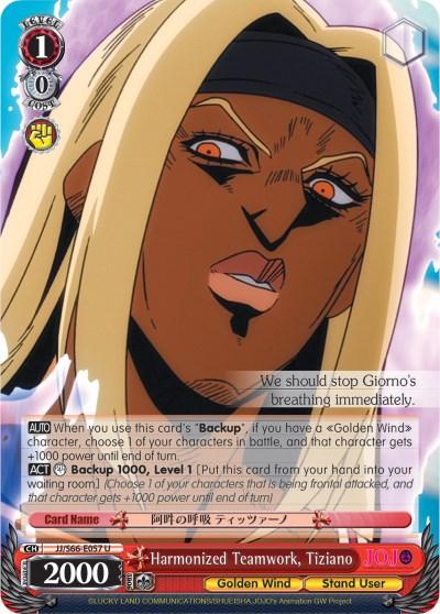 A trading card from JoJo's Bizarre Adventure: Golden Wind featuring a character with long, light-colored hair and a shocked expression. The character wears a headband and has dark skin. Text at the bottom reads "Harmonized Teamwork, Tiziano (JJ/S66-E057 U) [JoJo's Bizarre Adventure: Golden Wind]," an Uncommon Rarity card from Bushiroad with 2000 power, detailing abilities and effects.