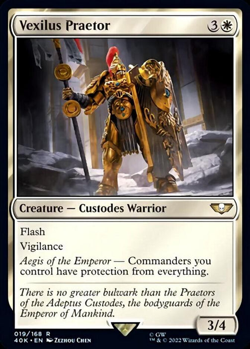 A Magic: The Gathering card titled "Vexilus Praetor [Warhammer 40,000]" with a casting cost of 3 colorless and 1 white mana. The card features an Adeptus Custodes Warrior in golden armor holding a staff and shield. It's a 3/4 creature with flash and vigilance, giving commanders Aegis of the Emperor, protecting them from everything.