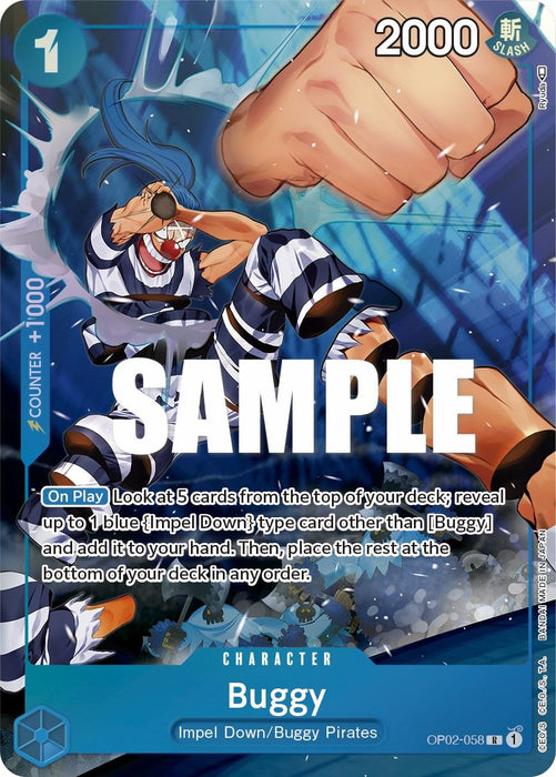 A rare trading card, Buggy (Alternate Art) [Paramount War], features a character named Buggy from the Impel Down/Buggy Pirates set. The character is in striped prison attire and clenching a fist. The card has a blue and white color scheme with various text details, a counter value of +1000, and a power rating of 2000 in the top corners. This product is by Bandai.