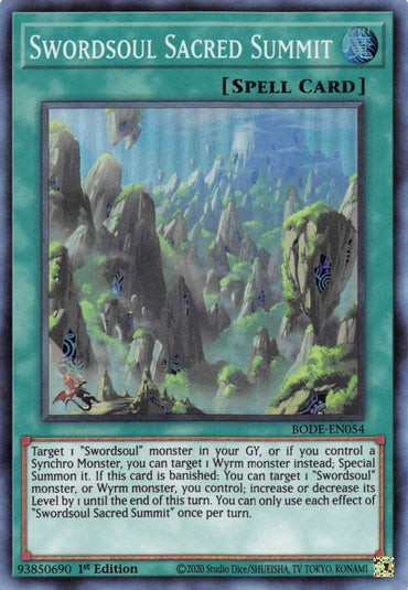 A Yu-Gi-Oh! Spell Card titled "Swordsoul Sacred Summit [BODE-EN054] Super Rare" with a mystical mountainous background. The card text describes its effects, which involve targeting various Wyrm monsters or "Swordsoul" for special summoning or level manipulation. The card ID is BODE-EN054, 1st Edition.