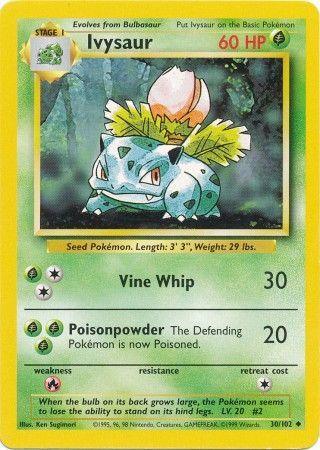 This Ivysaur (30/102) [Base Set Unlimited] Pokémon trading card features Ivysaur, a Grass Type, with 60 HP. Depicted with a large pink bud on its back and surrounded by leaves, it lists two attacks: Vine Whip (30 damage) and Poisonpowder (20 damage). It also includes weakness, resistance, and retreat info. With an Uncommon Rarity, it's a treasured addition for collectors.