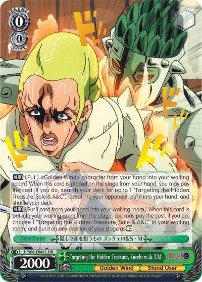 A trading card featuring an animated scene from "JoJo's Bizarre Adventure." A blond character with a tearful expression is being seized by a humanoid green vine-like creature. Text sections describe card abilities and character details. Labeled "Golden Wind Stand User" with "2000" in the bottom left corner, this Targeting the Hidden Treasure, Zucchero & T.M (JJ/S66-E041J JJR) [JoJo's Bizarre Adventure: Golden Wind] by Bushiroad shines.