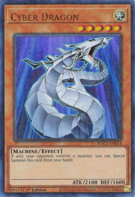 A Yu-Gi-Oh! trading card titled "Cyber Dragon (Duel Terminal) [HAC1-EN014] Parallel Rare." This Parallel Rare features an image of a metallic dragon with segmented armor and glowing blue accents. It's a Machine/Effect monster card with stats: ATK 2100, DEF 1600. Text: "If only your opponent controls a monster, you can Special Summon this card (from your hand).