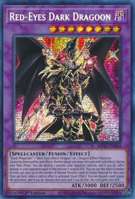An image of the Yu-Gi-Oh! trading card "Red-Eyes Dark Dragoon [MP22-EN264] Prismatic Secret Rare." This Prismatic Secret Rare Fusion/Effect Monster showcases a dragon with dark red eyes and black armor, set against a shimmering, colorful background. Below the artwork is the card’s descriptive text and stats: ATK/3000 DEF/2500.