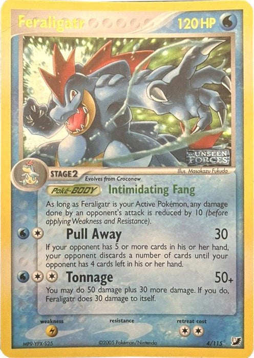 A Feraligatr (4/115) (Stamped) [EX: Unseen Forces] card with 120 HP from the Pokémon series. This Holo Rare card displays Feraligatr, a large blue alligator-like creature with red dorsal spikes. It has three abilities: Intimidating Fang, Pull Away, and Tonnage. The card is numbered 4 out of 115.