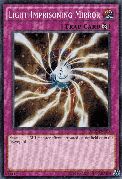 A Yu-Gi-Oh! card named "Light-Imprisoning Mirror [AP07-EN025] Common" from Astral Pack 7. This Continuous Trap card shows a mirror with spiraling light beams. It reads: "Negate all LIGHT monster effects activated on the field or in the Graveyard." Card number: AP07-EN025.