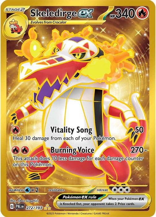 A "Skeledirge ex (272/193) [Scarlet & Violet: Paldea Evolved]" Pokémon card from the Pokémon series features a vibrant and fierce dragon-like creature with a fiery mane and colorful patterns. The Hyper Rare card shows its stats: 340 HP, Vitality Song (50), and Burning Voice (270-). The bottom has details like artist, card number 272/193, and Pokémon EX rule.