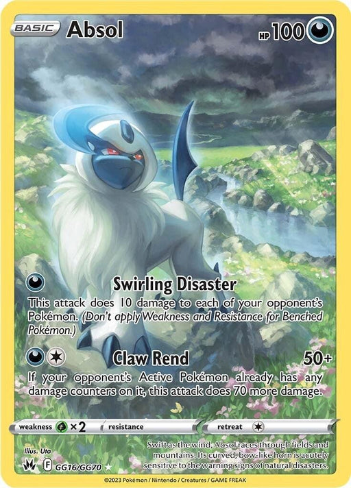 A Pokémon Absol (GG16/GG70) [Sword & Shield: Crown Zenith] featuring Absol. Absol, from the Sword & Shield series, is depicted with a white and gray body, a scythe-like tail, and a blue, crescent-shaped horn. The Crown Zenith card details two attacks: "Swirling Disaster" and "Claw Rend." It has 100 HP and is part of the 2023 Pokémon set with the code GG16/G