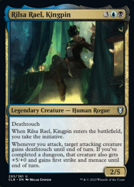 The image features a Magic: The Gathering card named "Rilsa Rael, Kingpin [Commander Legends: Battle for Baldur's Gate]" from Magic: The Gathering. This 2/5 Legendary Creature - Human Rogue costs 3UB to play and has Deathtouch. It grants various effects, including +5/+0 upon attacking or completing a dungeon. Illustrated by Micah Epstein.