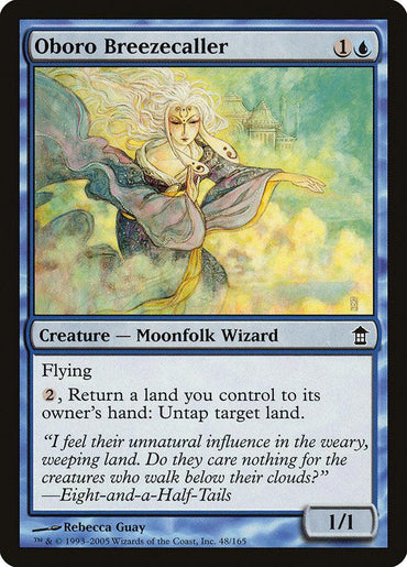 The product "Oboro Breezecaller" from Magic: The Gathering's Saviors of Kamigawa set features an illustration of a mystical, white-haired Moonfolk Wizard with flowing robes, flying through the sky. The card details its abilities: flying and the power to untap lands by returning them to the owner's hand.