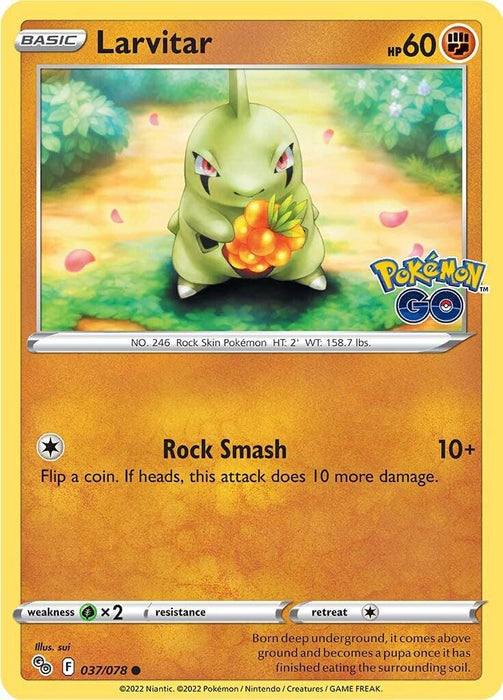 A Pokémon card featuring Larvitar, a small green dinosaur-like Fighting type creature, holding a yellow flower. Its move is Rock Smash, which deals 10+ damage depending on a coin flip. The card displays 60 HP and various other stats. With its Common rarity, the yellow background showcases the Pokémon GO logo. This product is called Larvitar (037/078) [Pokémon GO] from the Pokémon brand.