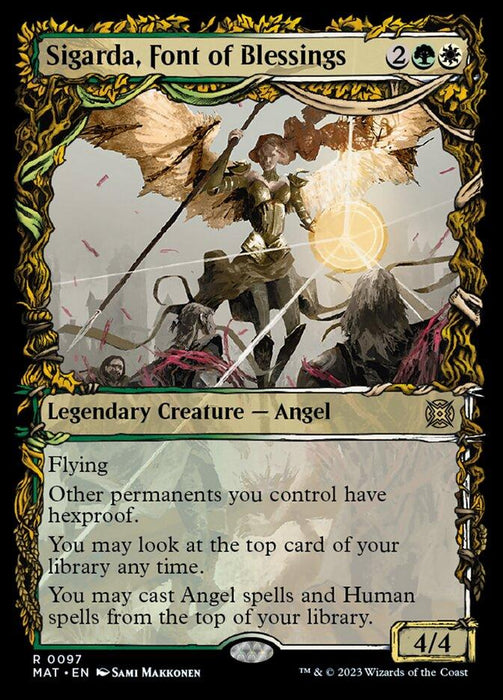 A Magic: The Gathering card titled "Sigarda, Font of Blessings (Showcase) [March of the Machine: The Aftermath]." This Legendary Creature Angel is depicted with wings spread, holding a staff and surrounded by light. In the background are shadowy figures. The green and white bordered card provides abilities for angels and humans. Power/toughness is 4/4.