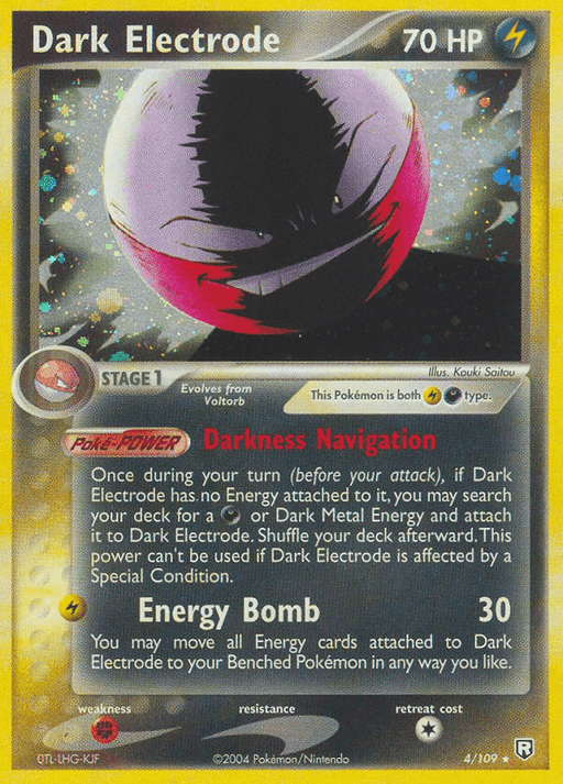 A Pokémon Dark Electrode (4/109) [EX: Team Rocket Returns] trading card depicting from the Team Rocket Returns series. It has 70 HP and is of the Electric type. The artwork shows a spherical Pokémon with a dark, ominous appearance, and a mischievous expression. The card includes abilities: "Darkness Navigation" and "Energy Bomb," with attack details, illustrations, and legal notices.