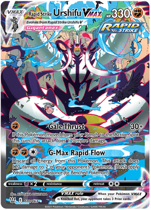 A Pokémon Rapid Strike Urshifu VMAX (170/163) [Sword & Shield: Battle Styles] trading card depicting Rapid Strike Urshifu VMAX Gigantamax. The card has a vibrant, dynamic background with swirls and colors. It details two moves: Gale Thrust and G-Max Rapid Flow. This Secret Rare card is numbered 170/163, with HP 330 and various symbols and stats.

