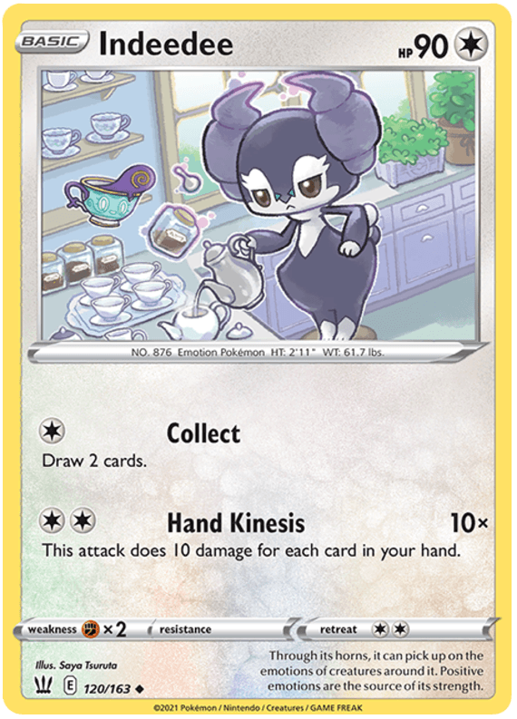 A Pokémon trading card from the Sword & Shield series featuring Indeedee (120/163) [Sword & Shield: Battle Styles]. It is a basic Psychic-type with 90 HP. The card shows Indeedee serving tea in an elegant room with teapots and cups. It has two attacks: 