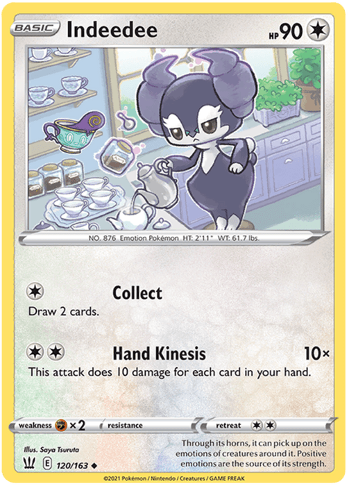 A Pokémon trading card from the Sword & Shield series featuring Indeedee (120/163) [Sword & Shield: Battle Styles]. It is a basic Psychic-type with 90 HP. The card shows Indeedee serving tea in an elegant room with teapots and cups. It has two attacks: "Collect," which draws 2 cards, and "Hand Kinesis," dealing 10 damage for each card in your hand.