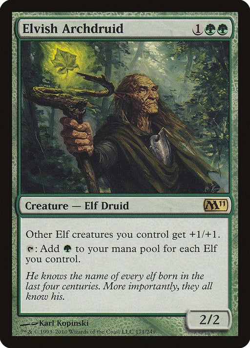 A rare creature from Magic: The Gathering, the "Elvish Archdruid [Magic 2011]" costs 1 green and 2 generic mana. This Elf Druid has a power/toughness of 2/2 and is depicted holding a glowing staff. It can boost other elves and add green mana per elf controlled. Art by Karl Kopinski.