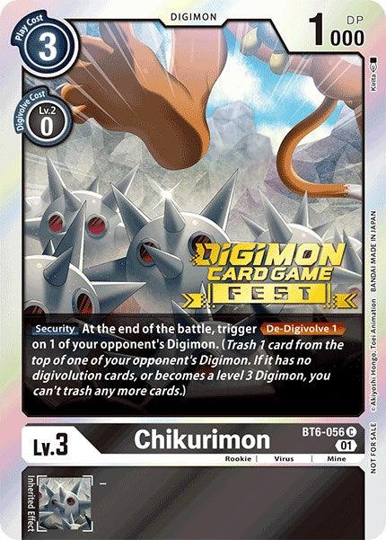 An image of the Digimon card Chikurimon [BT6-056] from the Digimon Card Game Fest 2022 and part of the Double Diamond Promos showcases a robotic creature adorned with multiple spikes and a single red eye. Featuring a play cost of 3, digivolve cost of 0, and 1000 DP, this card offers unique effects and abilities within the game.