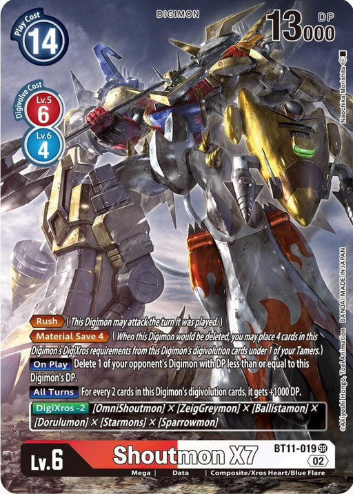 An image of the Digimon Shoutmon X7 [BT11-019] (Alternate Art) [Dimensional Phase] card. The card displays various stats: Play Cost: 14, Digivolve Cost: Lv.6-6, Lv.4-6, 13,000 DP. Abilities listed include Rush, Material Save 4, DigiXros, and All Turns effects. The card art shows a metallic, armored Digimon from the renowned Digimon brand.