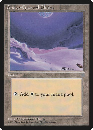 The Magic: The Gathering card "Snow-Covered Plains [Ice Age]," illustrated by Christopher Rush in 1995, depicts snowy hills under a purple sky with a large moon. As a "Basic Snow Land," it adds white mana to players' pools.