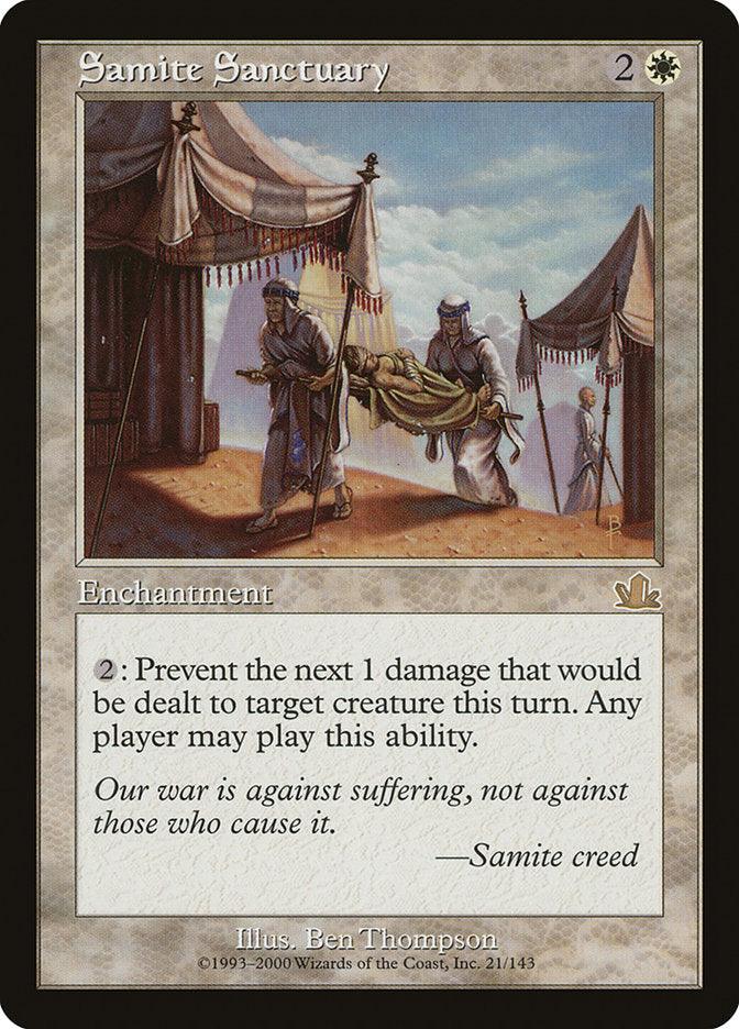 The "Samite Sanctuary" card from the Magic: The Gathering Prophecy series features artwork by Ben Thompson, depicting a prophecy-like scene with two individuals carrying a third on a stretcher in a desert encampment. This enchantment card includes text describing its potent effect of preventing damage.