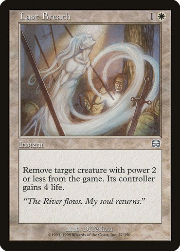 The image depicts the "Last Breath" card from Magic: The Gathering's Mercadian Masques set. It showcases an ethereal figure exhaling a swirling mist that surrounds and exiles a target creature. The card effect states, "Remove target creature with power 2 or less from the game. Its controller gains 4 life," and it features artwork by DiTerlizzi.