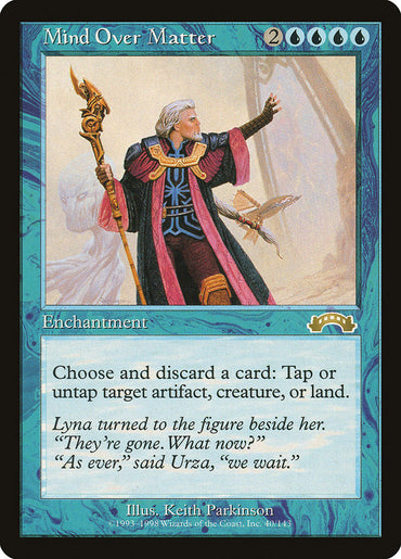 A "Mind Over Matter [Exodus]" Magic: The Gathering card features an older, bearded man in blue, red, and black robes accented with gold, holding a staff. This rare enchantment spell requires 2 blue and 4 colorless mana to cast and includes flavor text that mentions characters named Lyna and Urza. The illustration is by Keith Parkinson.