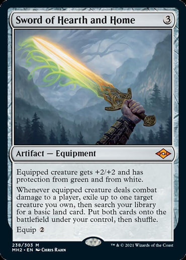 A "Sword of Hearth and Home [Modern Horizons 2]" Magic: The Gathering card from Modern Horizons 2. The illustration depicts a glowing sword with green runes held aloft against a mountainous backdrop. This Mythic Rarity card grants +2/+2, protection from green and white, and special combat effects. Cost: 3 mana, Equip: 2.

